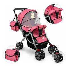 GENERICO - Coche Paseador Reversible Bebe 8 Ruedas Pañalera Y Capota Fucsia