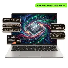 ASUS - M1607KA-MB144 RYZEN 5 AI-330 CHIP AMD I A HASTA 50 TOPS, RAM 16GB DDR5, SSD 1TB PANTALLA 16" SILVER
