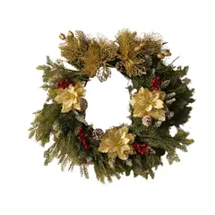 IKSA - Corona Navideña Decoración Para Puerta 60cm Con Flores Doradas Piñas Y Frutos Rojos
