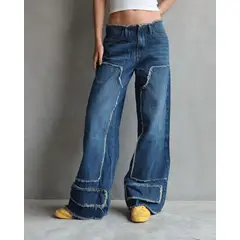 LUXUR JEANS - JEAN ANCHO DESTROYED DIRTY WASH AZUL MEDIO