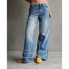 LUXUR JEANS - JEAN ANCHO DESTROYED DIRTY WASH AZUL CLARO