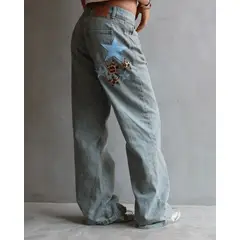 LUXUR JEANS - JEAN ICON ESTRELLAS LEOPARDO RELAXED FIT GRIS WASHED