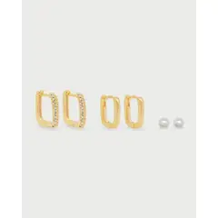 LUNAMAR - Set X3 Aretes Cuadrados y Perlas