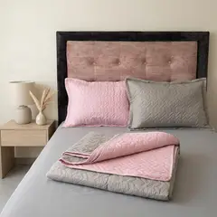 HARMONY HOME - Colcha Española Doble Faz (Gris/ Rosa) + 2 Fundas