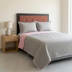 HARMONY HOME - Colcha Española Doble Faz (Gris/ Rosa) + 2 Fundas
