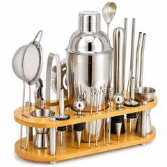 ONE PIXEL - Set De Bartender Coctelera En Acero Inoxidable Utensilios Para Bar Acabado Bambu X23 Pcs