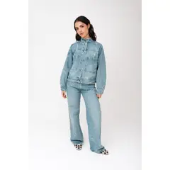 LOCAL ATELIER - Jean wide leg, denim azul con intervención en laser