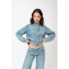 LOCAL ATELIER - Chaqueta denim azul con intervención en laser y bolsillos