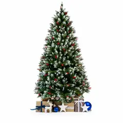 HOMESALE - Árbol de Navidad Nevado 1500 Ramas Altura 2.10 M + Piñas de Pino & Cerezas
