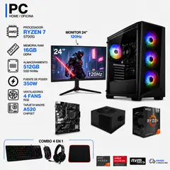 POWER GROUP - TORRE GAMER RYZEN 7 5700G - 16GB RAM - SSD 512GB M.2 - 4 FANS RGB - MONITOR 24" 120Hz- COMBO GAMER