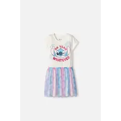 DISNEY - Vestido de Stitch manga corta marfil para niña