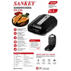 SANKEY - Sandwichera SW - 27BL 1000W Para 4 Rebanadas con Placas Antiadherentes
