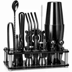 ONE PIXEL - Set De Bartender Coctelera En Acero Inoxidable Utensilios Para Bar Acabado Bambu X20 Pcs
