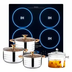 RENAHOUSE - Estufa De Inducción 4 Puestos 3600W + Juego De Ollas