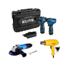 ELITE - Kit De Taladro Y Atornillador + Pistola De Calor + Pulidora