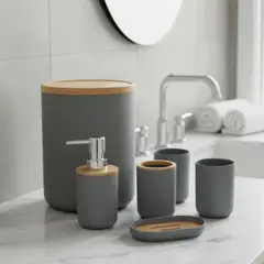 GENERICO - Accesorios De Baño X 6 Piezas En Plástico Y Bambú Color Gris Oscuro