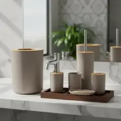 GENERICO - Accesorios De Baño X 6 Piezas En Plástico Y Bambú Color Beige