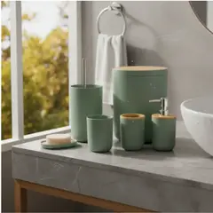 GENERICO - Accesorios De Baño X 6 Piezas En Plástico Y Bambú Color Verde Claro