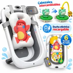 BABY ON - Bañera Plegable con Ducha Eléctrica Recargable + 6 Cabezales Agua Termómetro y Accesorios