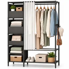 ONE PIXEL - Closet Perchero Para Hogar Armario Con Cortina Y Cajones Abiertos