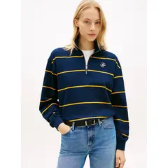 TOMMY HILFIGER - Saco azul tejido de felpa con cremallera de un cuarto y logo
