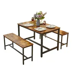 GENERICO - Juego de Comedor Industrial 3 Piezas, Mesa Rectangular + 2 Bancos, Diseño Rústico Marrón