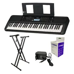 YAMAHA - Combo Piano Organeta PSR-E383 de 61 Teclas Sensibles con Base Doble X y Adaptador Original