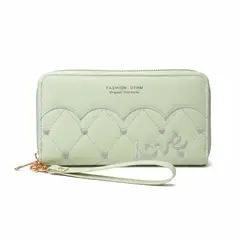 FOREVER - Billetera Larga Verde Menta Doble Cierre Love Bordada Para Mujer En Cuero Sintetico De Calidad