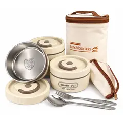 CHINA - Lonchera Térmica Bento Box 3 Recipientes Acero Inoxidable 304 con Bolso y Cubiertos