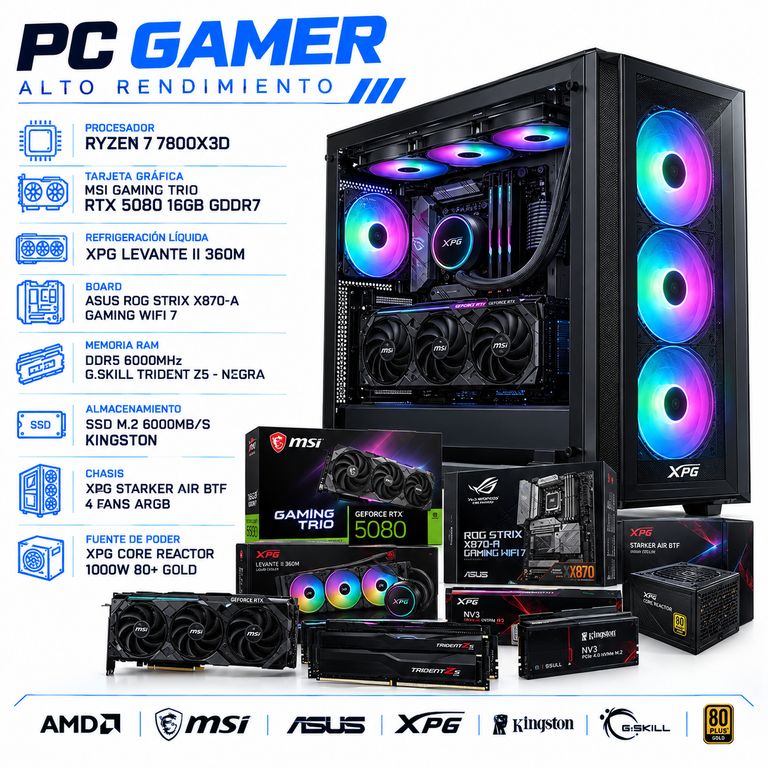 PC GAMER RYZEN 7 7800X3D| RTX 5080 16GB| LIQUIDA 360MM| BOARD X870 WIFI7| RAM 32GB DDR5 SSD 1TB M.2