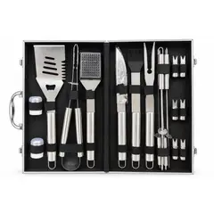 GENERICO - Set BBQ Premium 18 Piezas en Acero Inoxidable con Maletín de Aluminio para Asados