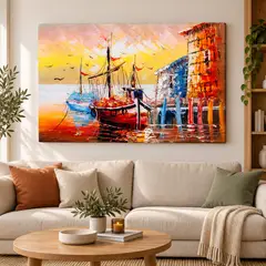 GENERICO - Cuadro decorativo en lienzo barcos en puerto colorido 120x70 cm