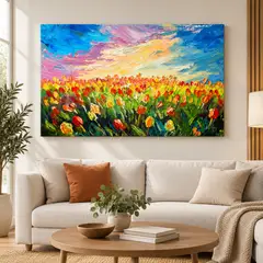 GENERICO - Cuadro decorativo en lienzo campo de tulipanes coloridos 120x70 cm