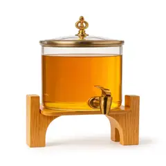 GENERICO - Dispensador De Bebidas De Vidrio Con Grifo Dorado Y Base De Madera Elegante