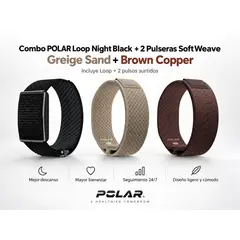 POLAR - Combo Loop Night Black + 2 Pulseras SoftWeave Greige Sand + Brown Copper