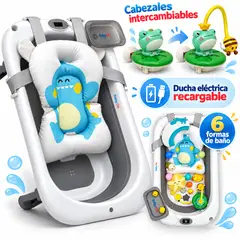 BABY ON - Bañera Plegable con Ducha Eléctrica Recargable + 6 Cabezales Agua Termómetro y Accesorios