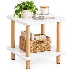 ONE PIXEL - Mesa Auxiliar 2 Niveles Blanca Con Patas Tipo Madera