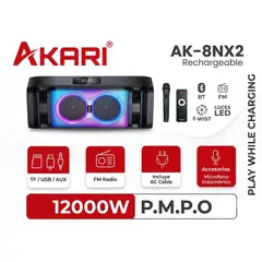 GENERICO - Parlante Portátil Akari AK-8NX2 Recargable Bluetooth, 12000W PMPO, Luces LED, Radio FM, Micrófono In