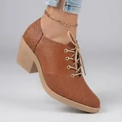 EVEGONZ - Botines Dama Tacón Medio EN CUERO Con Cordones Estilo Casual