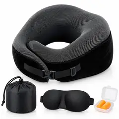 ONE PIXEL - Kit Viajero Almohada Para Cuello Viscoelastica Cervical Con Tapa Oidos Y Cubre Ojos