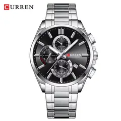 CURREN - RELOJ ORIGINAL ACERO CRONOGRAFO M8475 PLATEADO FONDO NEGRO