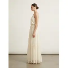 FRIOLENTA - Falda Maxi de Tul con Detalles de Encaje - Color Marfil