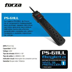 FORZA - Regleta PS-611UL 110V 6 Tomas NEMA Breaker Termico Montable Pared Escritorio Negro Original