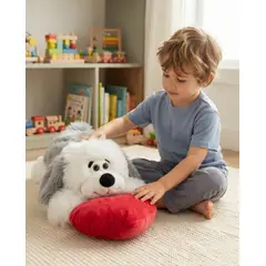 INFANTILES CAJUROMIX - Peluche Perro Acostado Blanco/ Gris Con Corazón Rojo