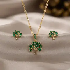 STAINLESS STEEL - COLLAR Y ARETES DE ARBOL VERDE ESMERALDA EN ACERO CON CIRCON