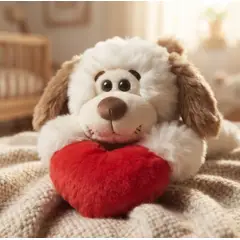 INFANTILES CAJUROMIX - Peluche Perro Acostado Blanco/ Cafe Con Corazón Rojo