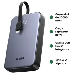 UGREEN - Power Bank Multipuerto , Bateria 20.000 Mah, 20W Cable Integrado USB-C