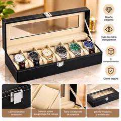 GENERICO - Organizador de Relojes x6 Compartimentos con Tapa de Acetato y Cierre Metálico – Negro