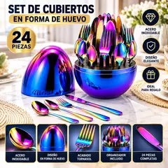 GENERICO - Set de Cubiertos Tornasol 24 Piezas con Organizador en Forma de Huevo