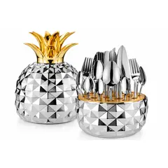 GENERICO - Set de Cubiertos Dorados x24 Piezas con Organizador Decorativo en Forma de Piña